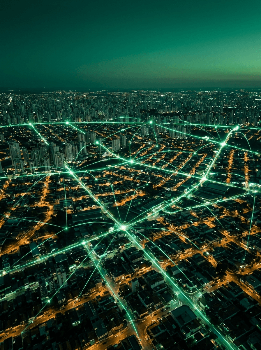 Vista aérea de uma cidade conectada por linhas de dados em verde esmeralda